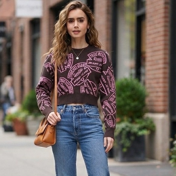 True Religion Sweaters - True Religion Brown Repeat Logo Graphic Jacquard Cropped Crewneck Sweater Large
